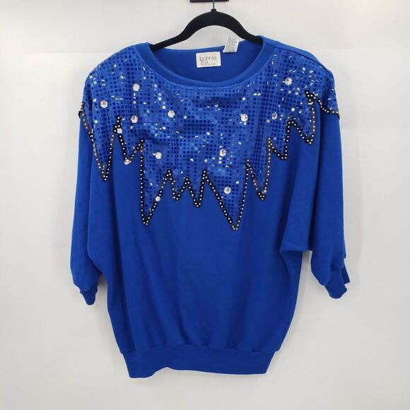 Vintage 80's Bling Sweatshirt Womens Large Blue Sequin Rhinestones Dolman Sleeve - Picture 13 of 13